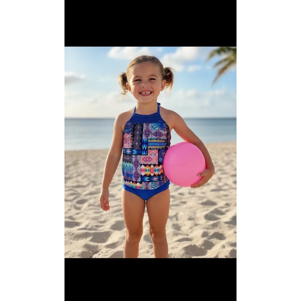 Art Class Little Girl Blue Geometric Patchwork Crochet Halter Tankini Set XS 4/5